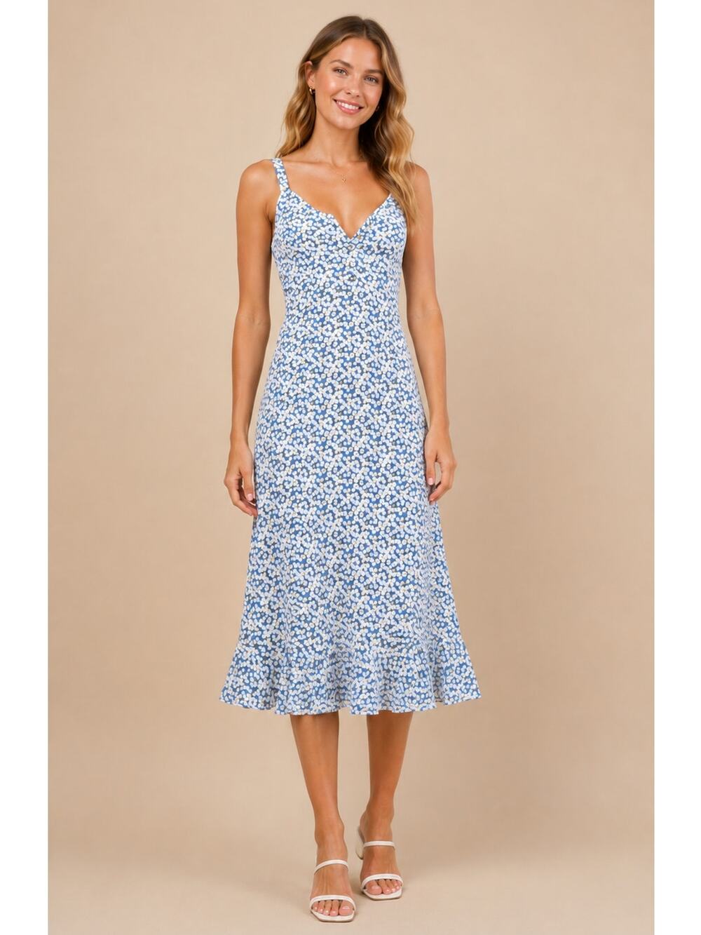 Lulus Darling Daisies Blue Floral Print Midi Dress Size Medium Cottage Coquette